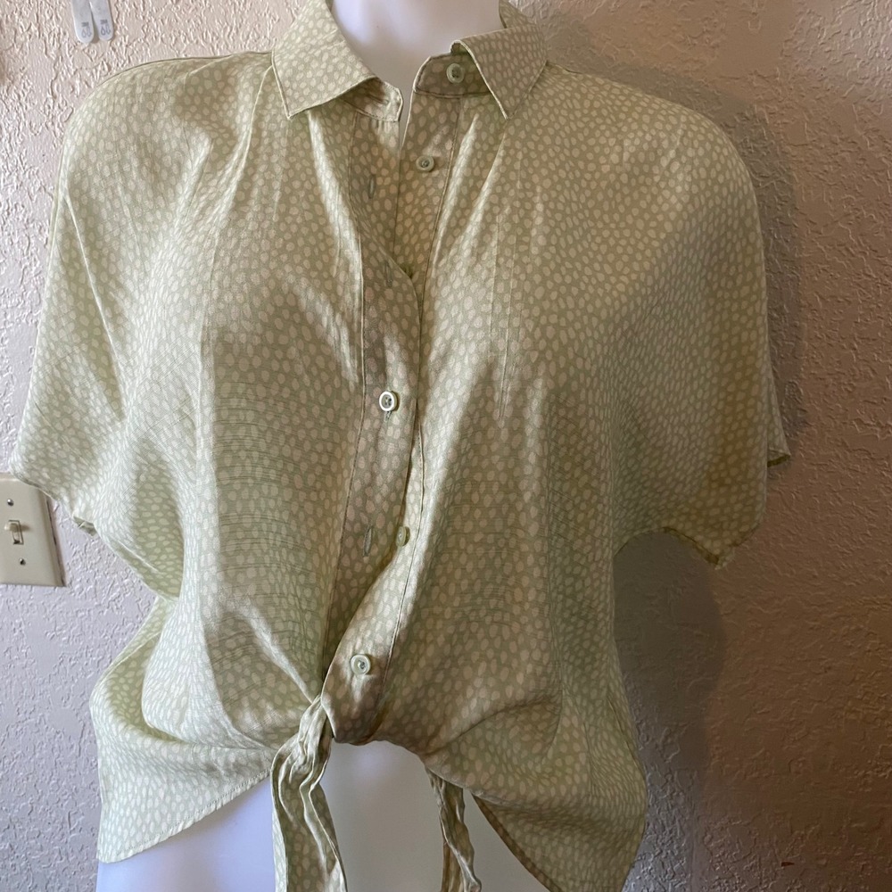 Nine West Women's Dolman Button Down Tie Front Top Short Sleeve‎ Green Medium M